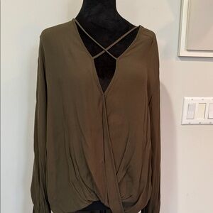 Elegant Olive Women's Blouse with Crisscross Neckline